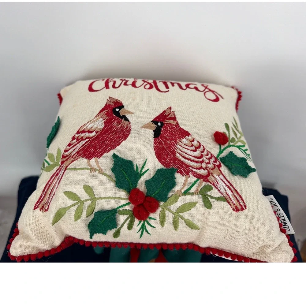 Jingles & Joy Merry Christmas Cardinal Embroidered Throw Pillow Red Pom Pom 11